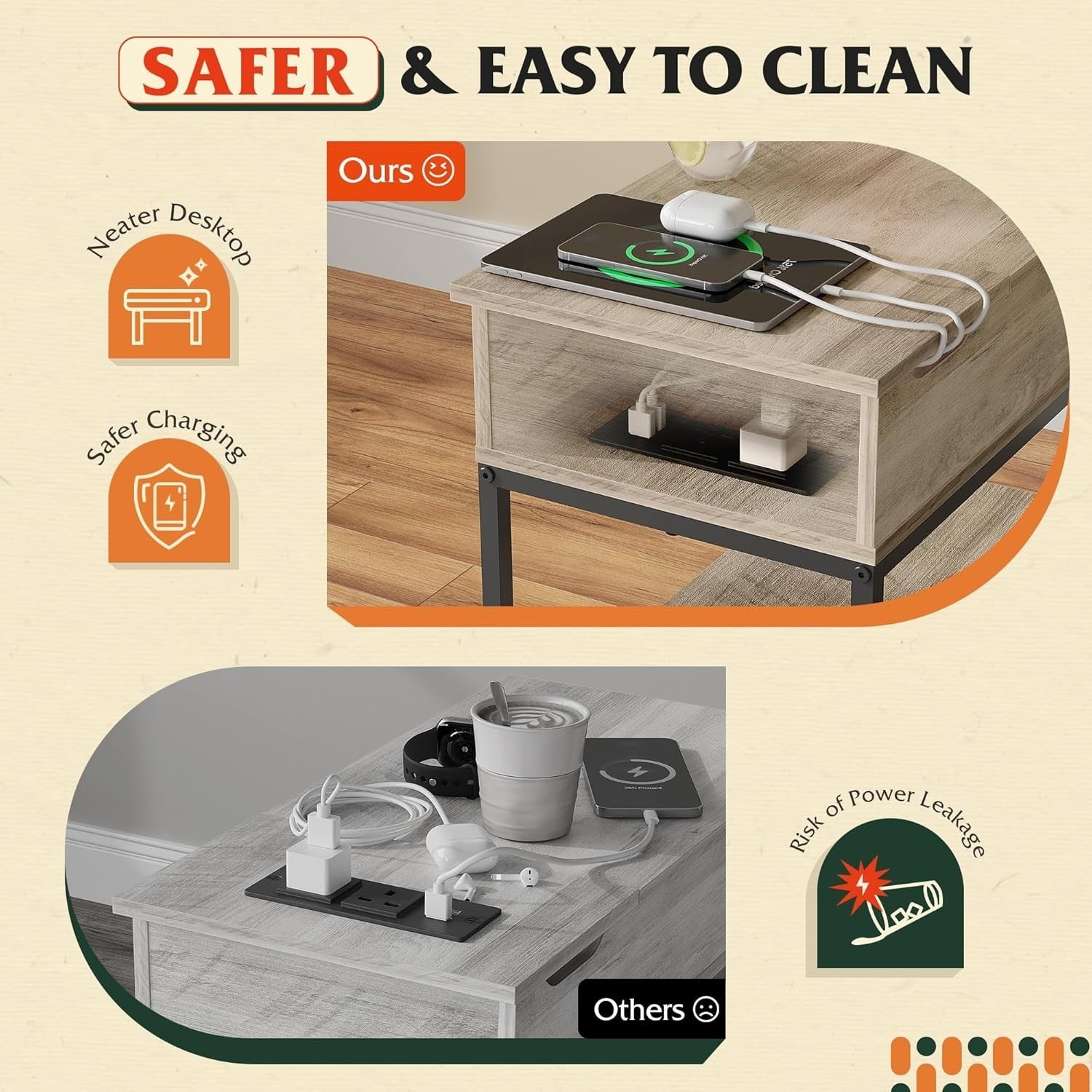 Narrow Side Table with USB & AC Charging – Grey Oak, 30x60x61cm