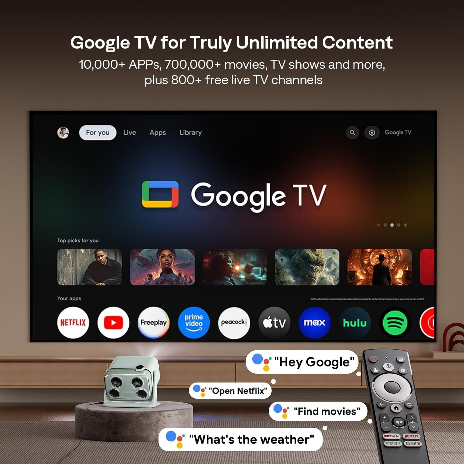 Portable 1080P Google TV Projector 500 ANSI Dolby 20W WiFi Bluetooth