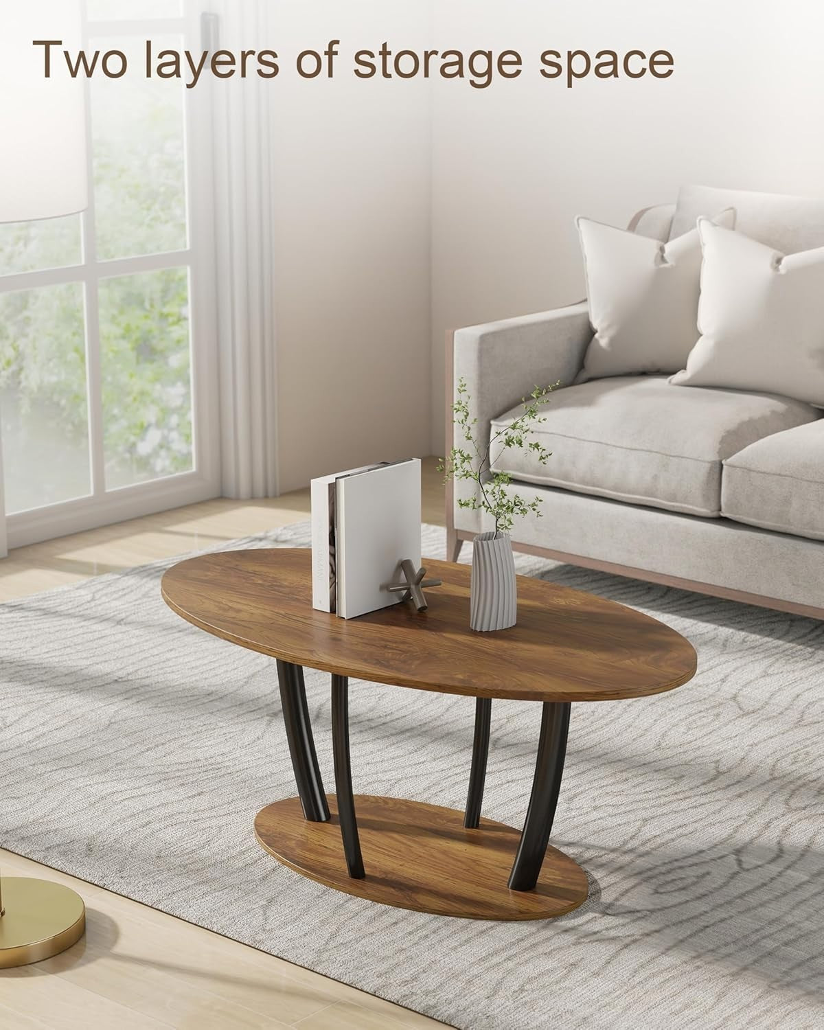 Oval 2-Tier Coffee Table Rustic Brown with Storage Shelf, Modern 100x55cm