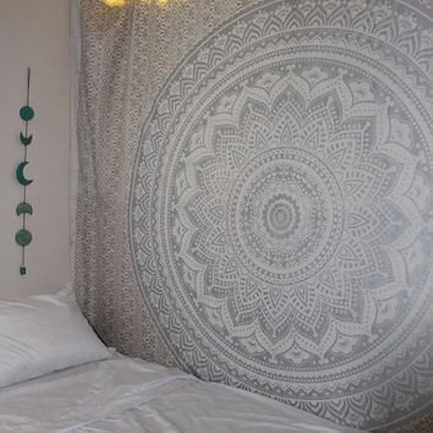 Grey Silver Mandala Cotton Tapestry 208x232cm Wall Decor