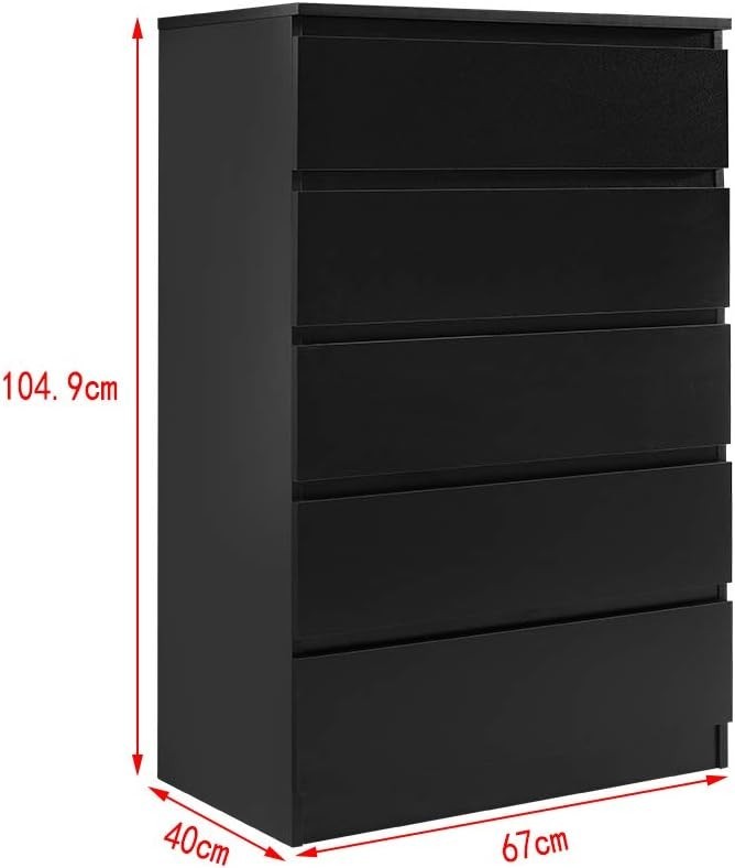 Tall 5 Drawer Chest Black Storage Unit Bedroom Cabinet Slim Modern Design