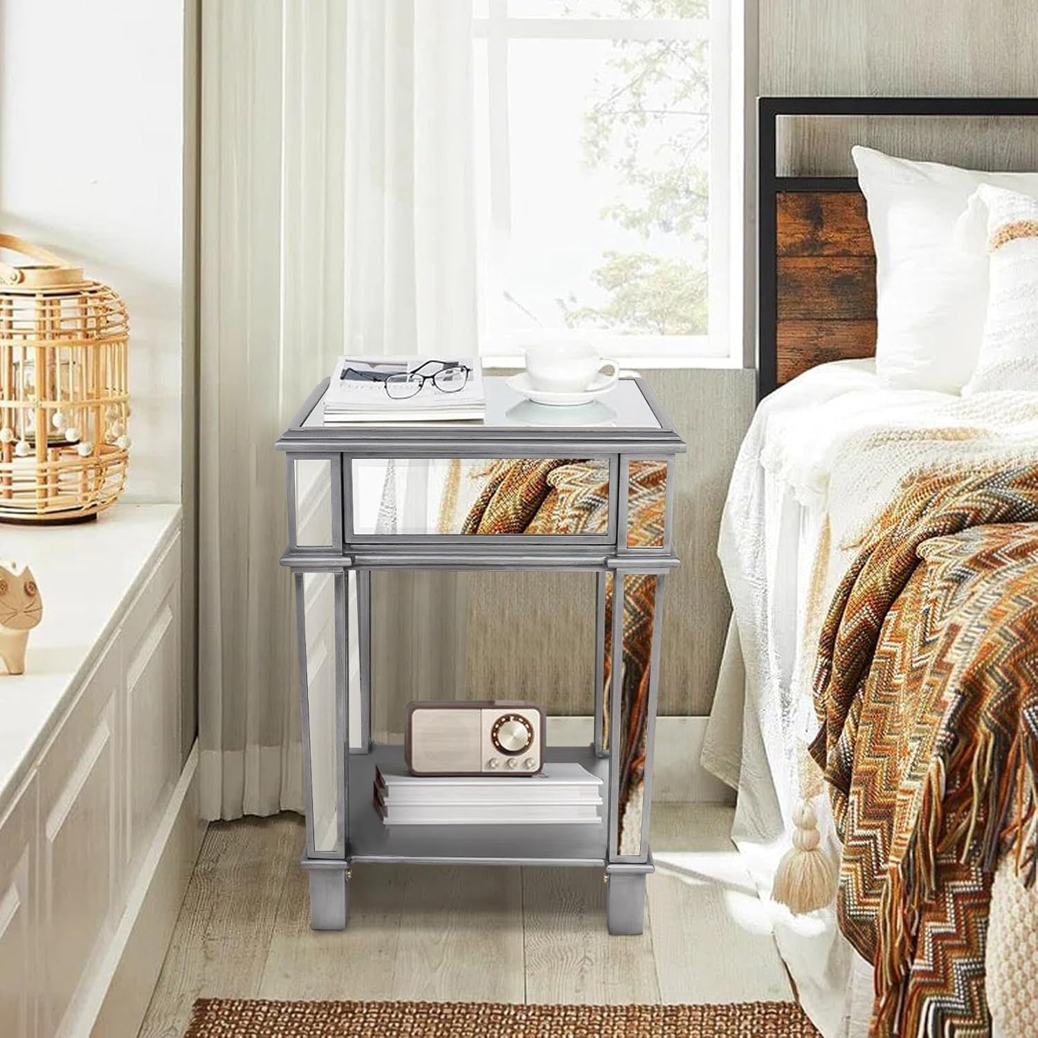 Silver Mirrored Bedside Table with Drawer & Shelf – Luxury Glass Nightstand