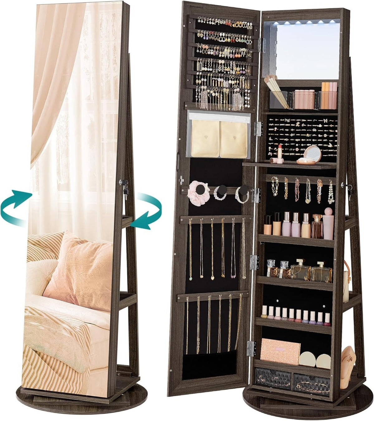 Ash Brown LED Jewelry Cabinet Mirror 360° Swivel Lockable Storage Stand