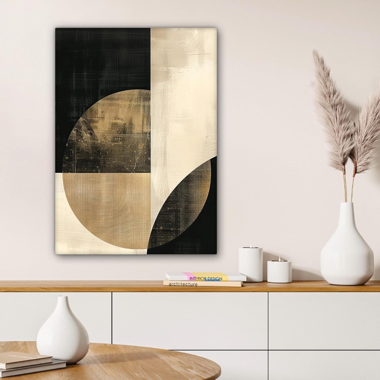 Large Framed Canvas Wall Art 50x70cm Black Gold Abstract Circles