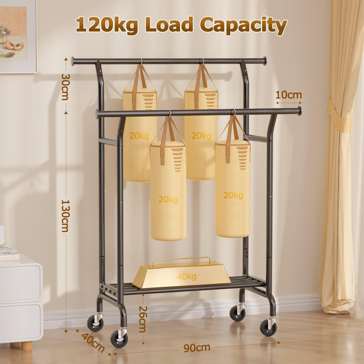 Heavy Duty Double Clothes Rail with Shelves & Wheels – Black
