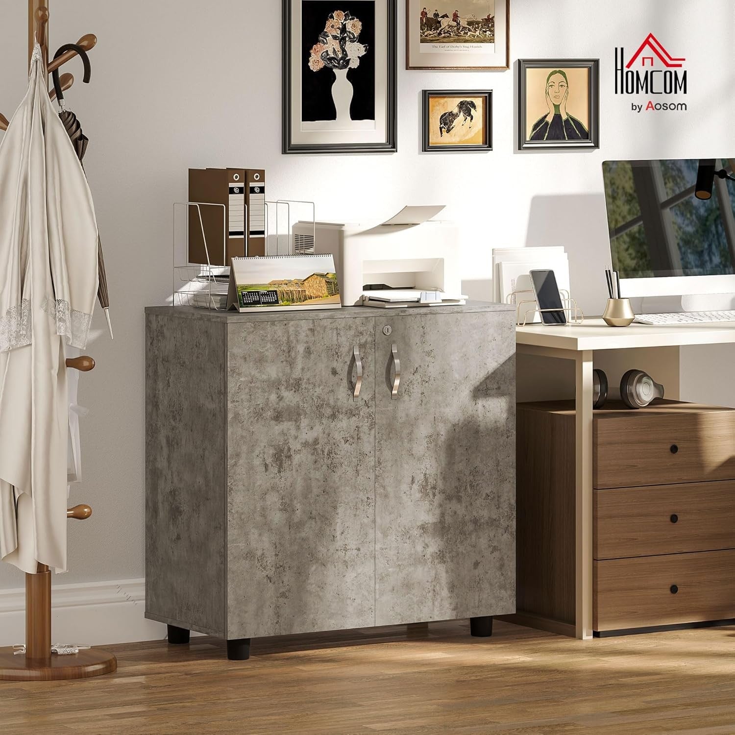 Grey Lockable Filing Cabinet Office Storage Cupboard 2 Door 2 Tier Shelves