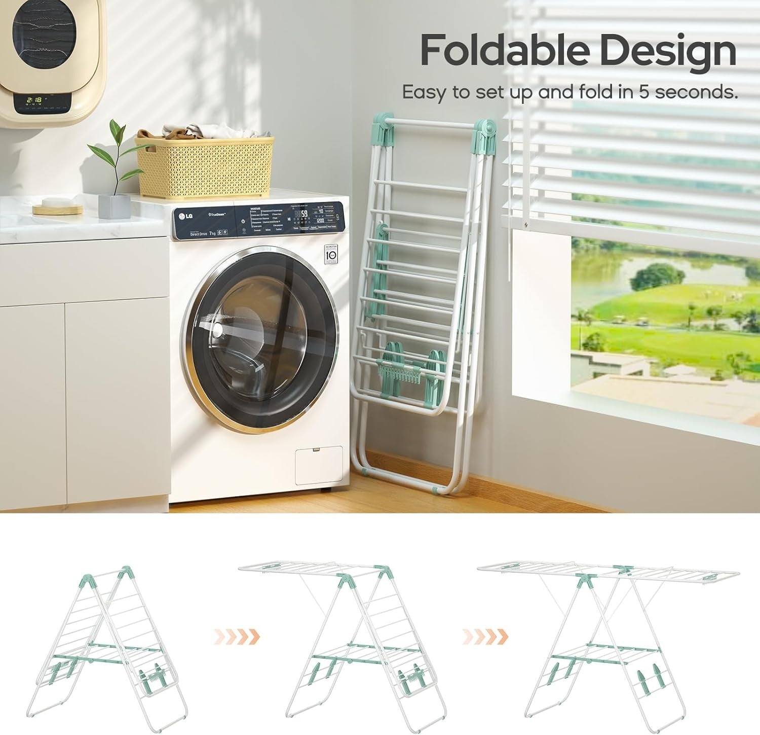 Foldable Clothes Airer Large Drying Rack Height Adjustable Wings Indoor