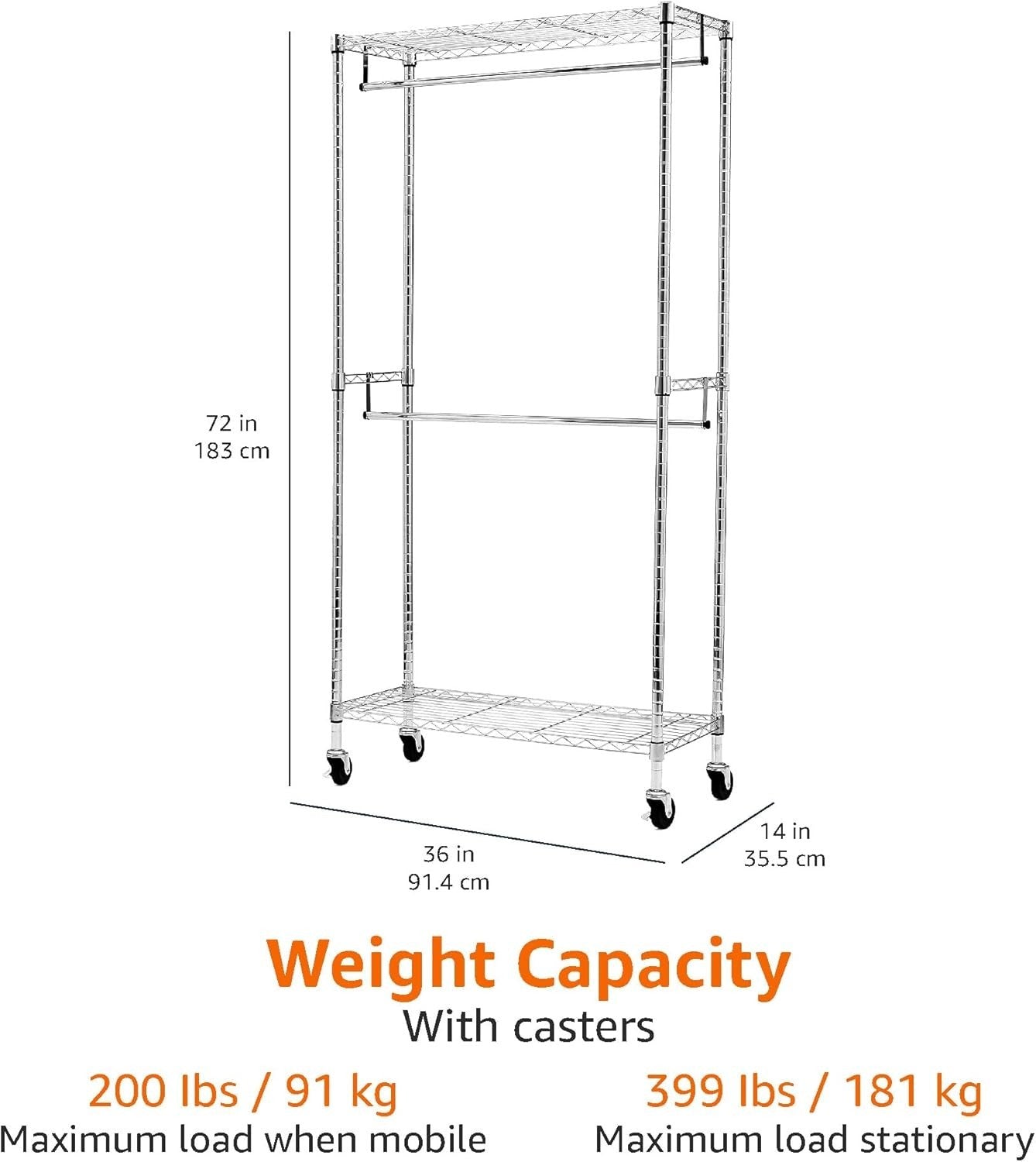 Double Rod Clothes Rail with Shelves – Chrome 183cm