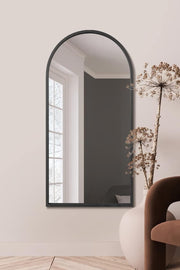 Modern Black Metal Arched Wall Mirror 140x70cm Leaner & Wall Mount