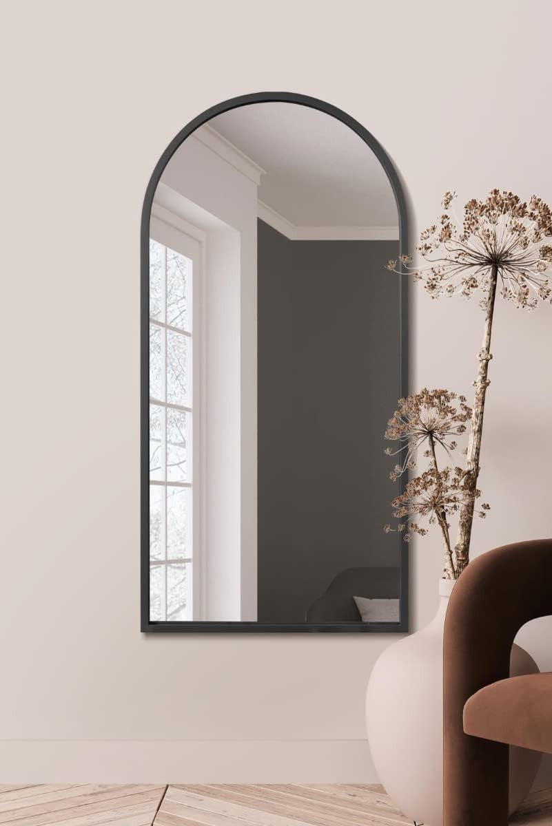 Modern Black Metal Arched Wall Mirror 140x70cm Leaner & Wall Mount