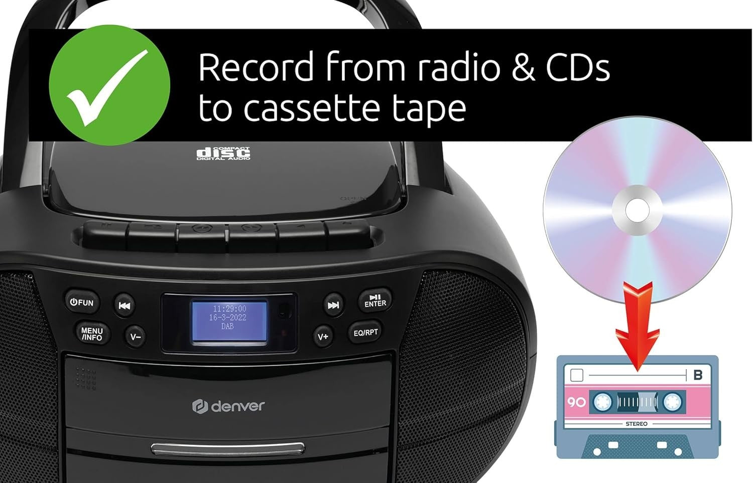 Portable DAB+ CD Cassette Player Boombox FM Radio USB AUX Alarm Black