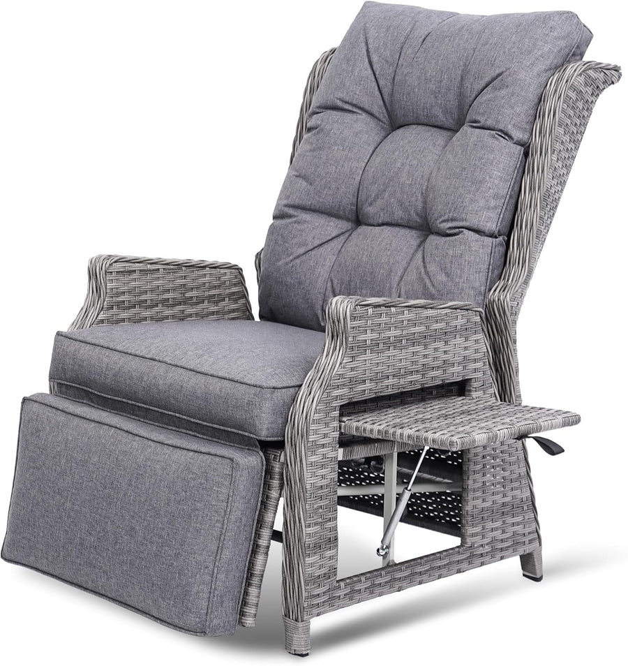 Rattan Reclining Garden Chair w/ Cushions & Flip Table – Sun Lounger Seat