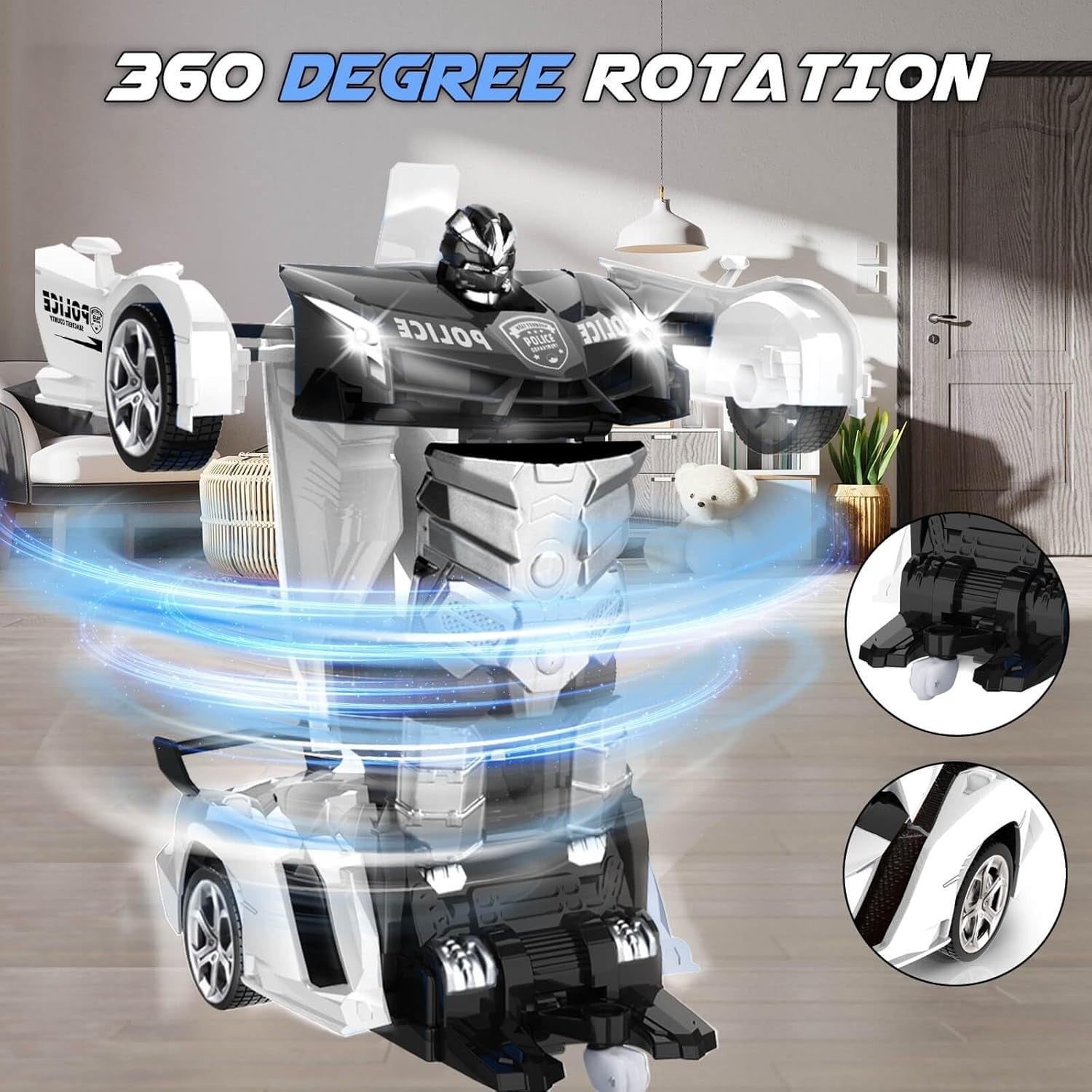 2-in-1 RC Police Car Robot Transforming 360° Spin Toy for Boys Age 3–8