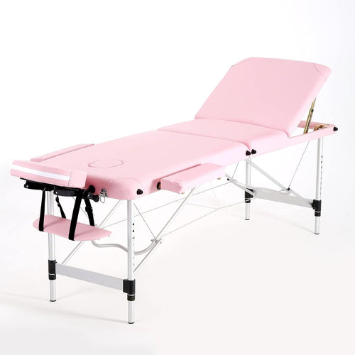 Portable Massage Table Foldable 3-Section Aluminium Therapy Bed Backrest Pink