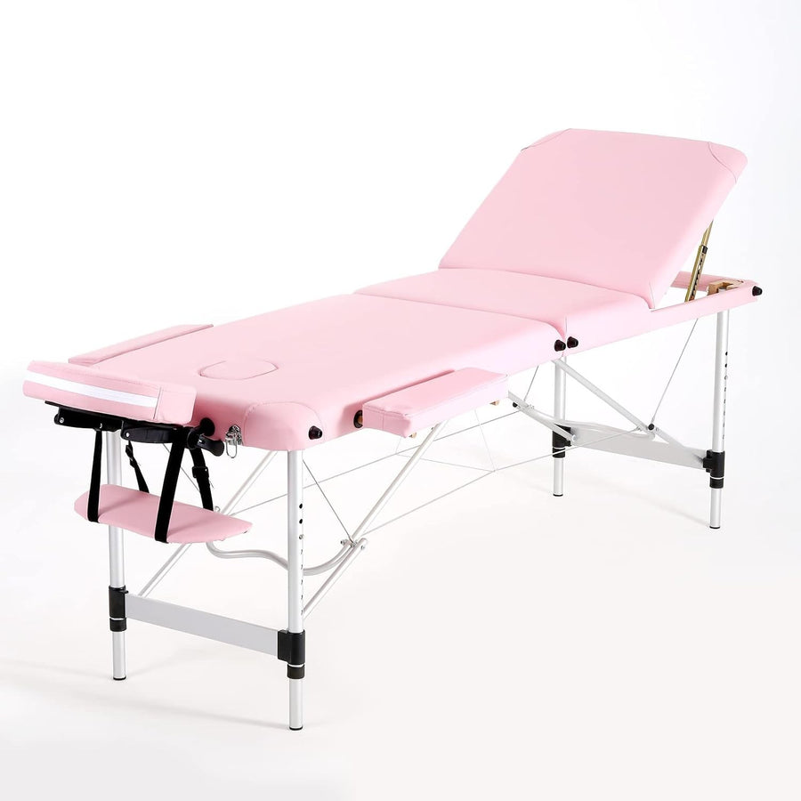 Portable Massage Table Foldable 3-Section Aluminium Therapy Bed Backrest Pink