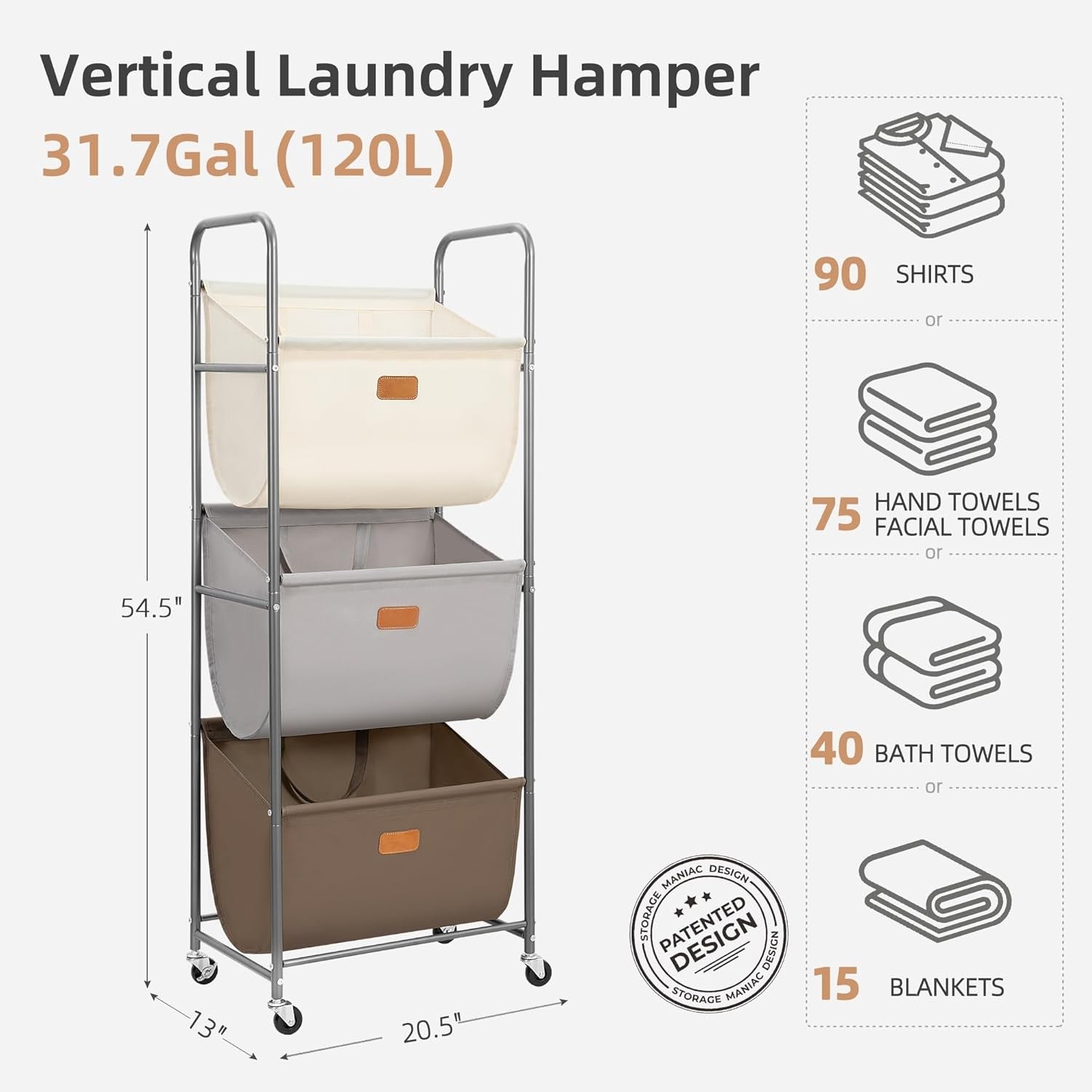 3 Tier Vertical Rolling Laundry Hamper 120L Removable Bags Space Saving Cart
