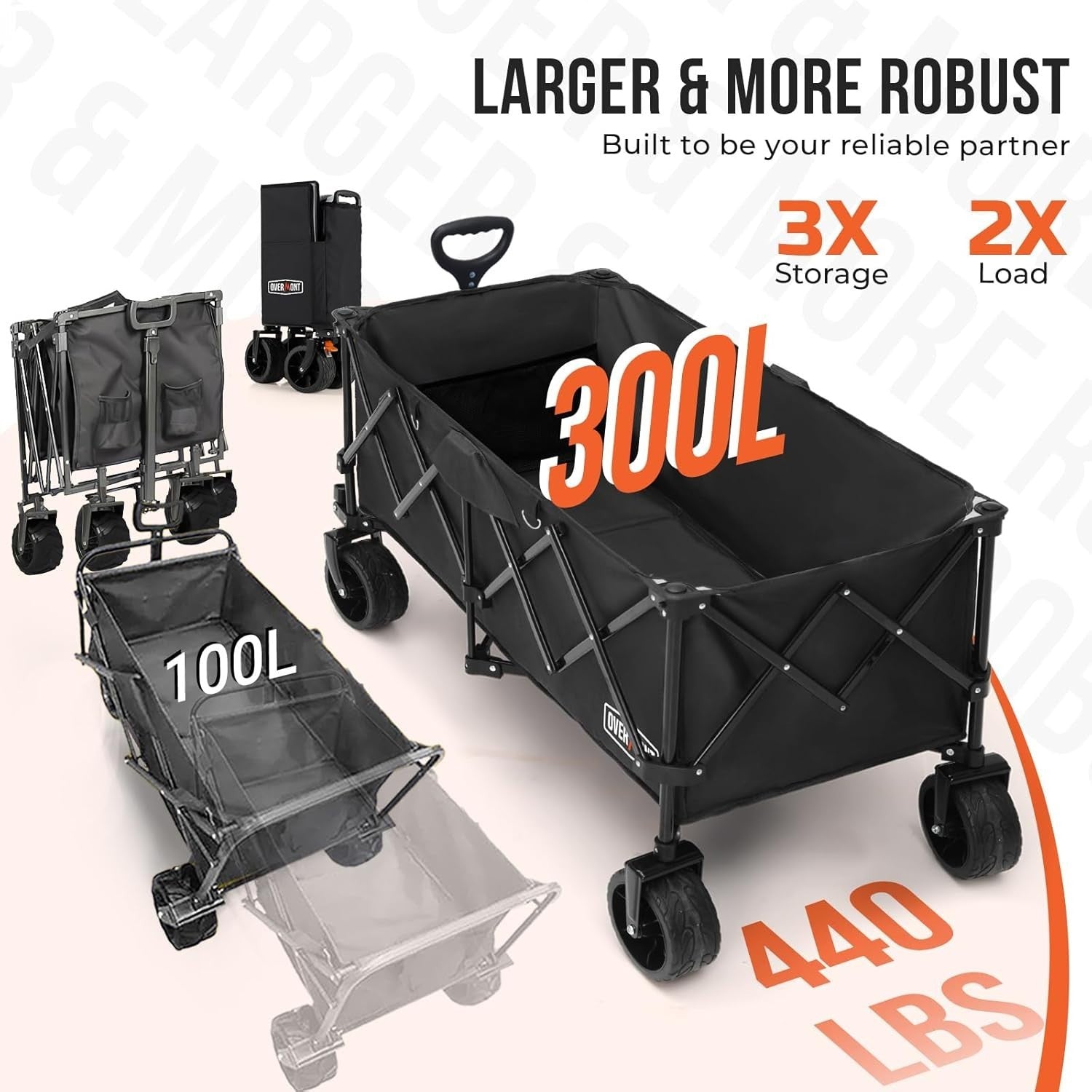 Black Extra Large 300L Folding Camping Wagon 200kg All Terrain Trolley