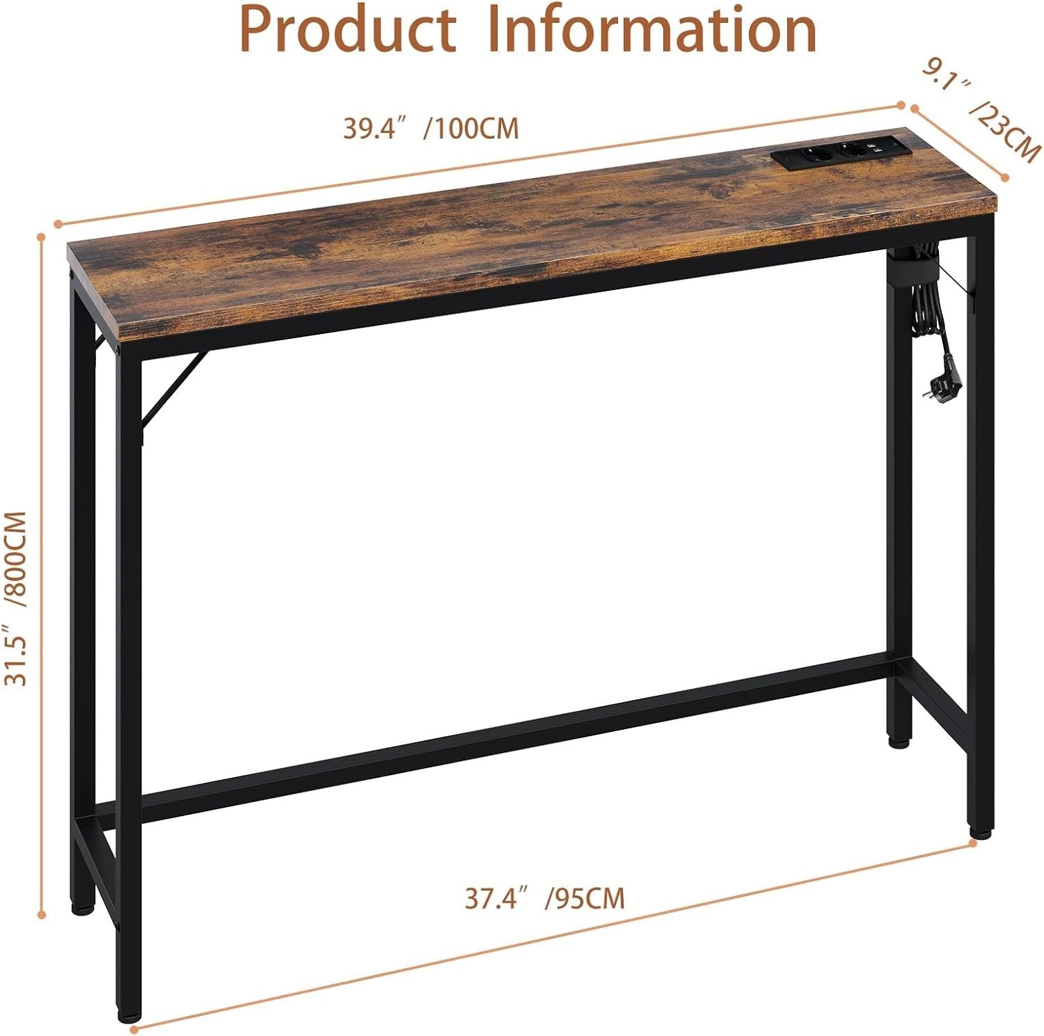 Narrow Console Table with Charging Station & USB Ports, 23x100x80cm, Brown