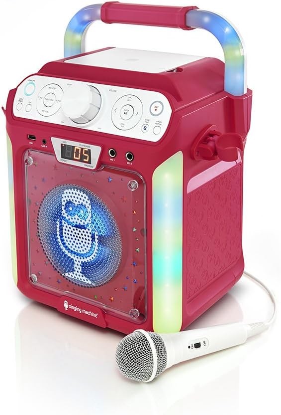 Bluetooth CD Karaoke Machine LED Lights Mic Party Speaker Pink
