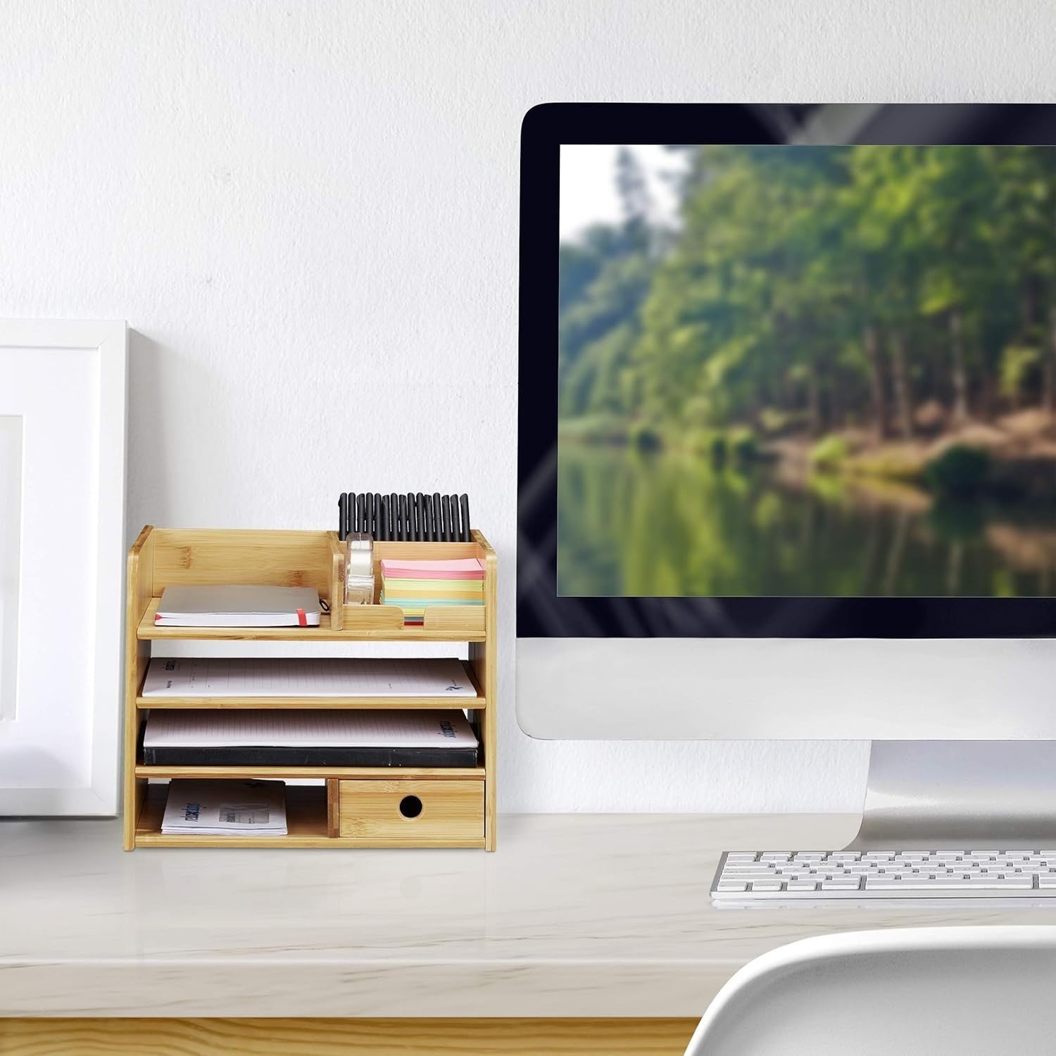 Bamboo Desk Organiser with Drawer & A4 Letter Tray, 7 Compartments