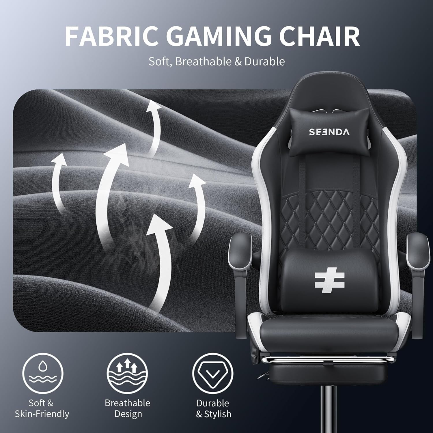 Fabric Gaming Chair w/ Footrest Reclining Massage 125kg