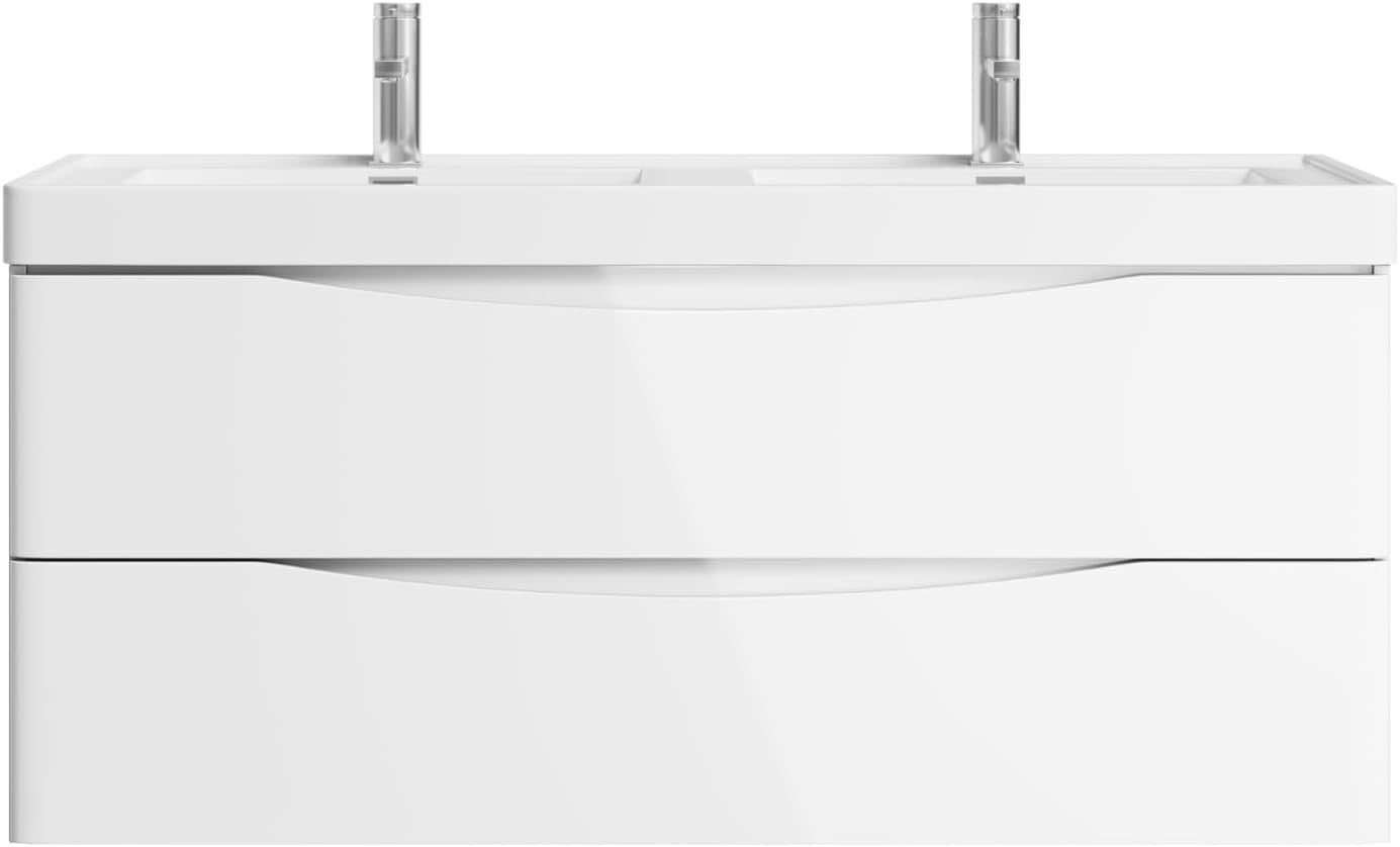 1200mm Wall Hung Vanity Unit White Gloss Double Resin Basin Bathroom Cabinet