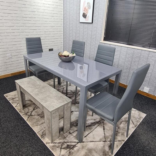 Grey Glass Dining Table Set 6 Seater with 4 Chairs & Bench for Kitchen