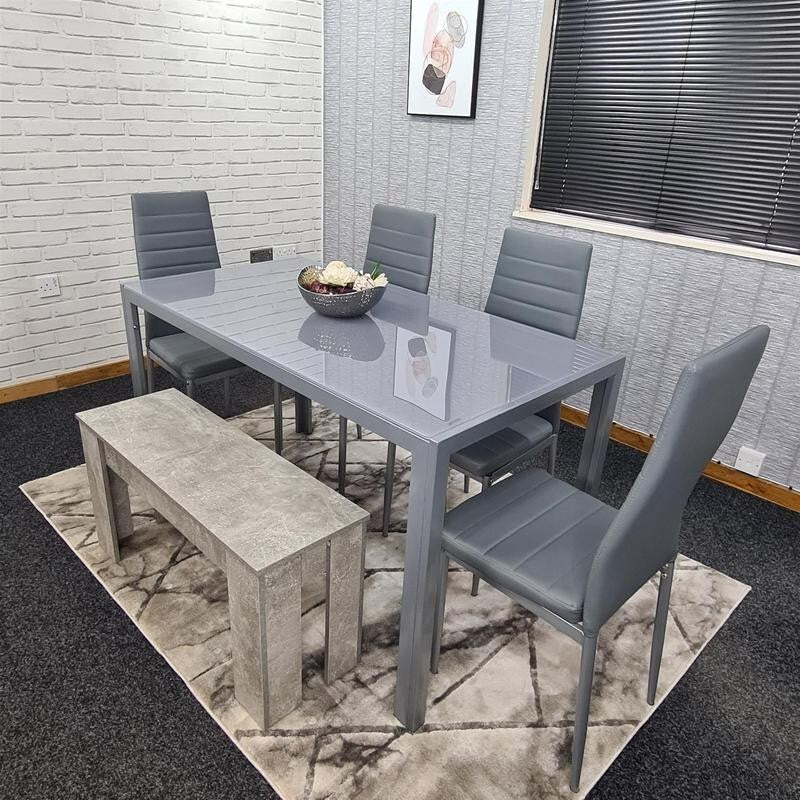 Grey Glass Dining Table Set 6 Seater with 4 Chairs & Bench for Kitchen
