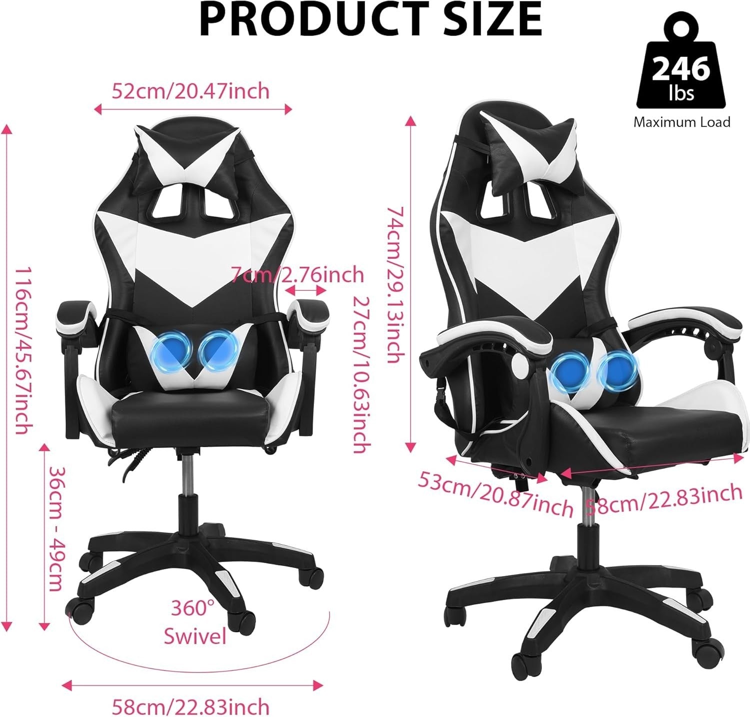 Ergonomic Gaming Chair w/Massage, High Back, Reclining, Faux Leather, Black/Whit