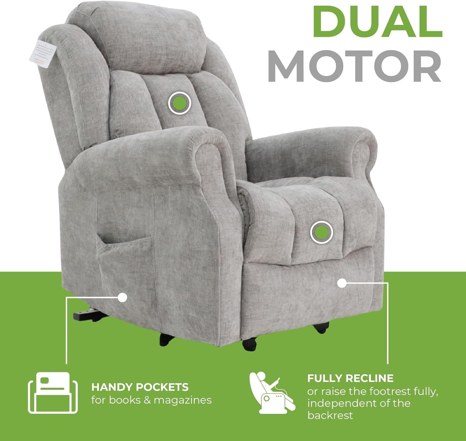 Dual Motor Lift Recliner Chair Heat Massage Fabric Riser Mobility Support Grey
