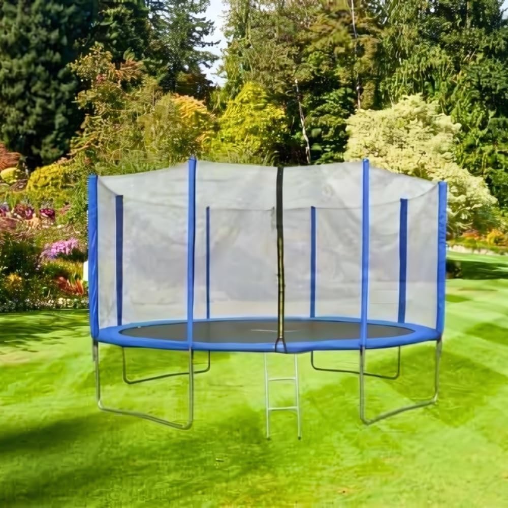 10FT Outdoor Garden Trampoline Safety Net Ladder Padded Poles Blue