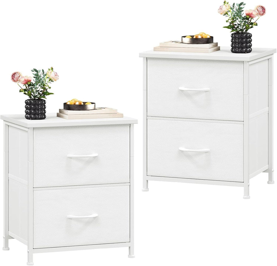 Set of 2 White Bedside Tables with Fabric Drawers – Modern Nightstands