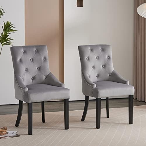 Modern 5-Piece Round Glass Dining Table with 2 Light Grey Velvet Chairs
