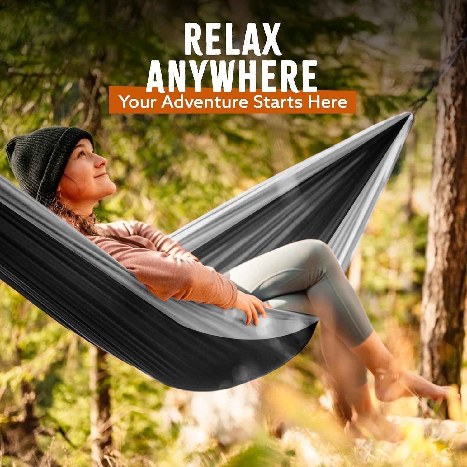 Ultralight Camping Hammock Black/White | 300kg Limit + Straps & Clips