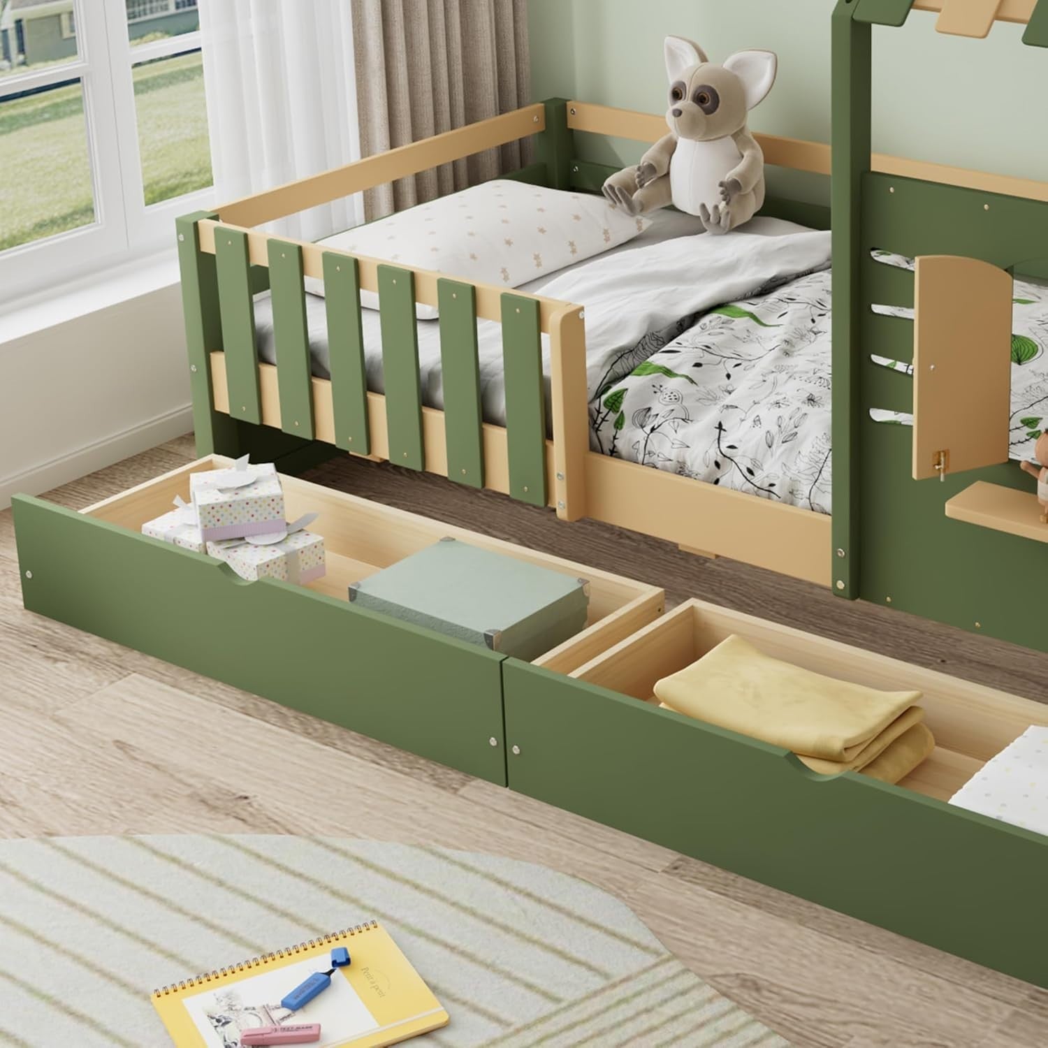 Kids Wooden House Bed Frame 3FT Single w/ Storage Drawers & Guardrail 90x190