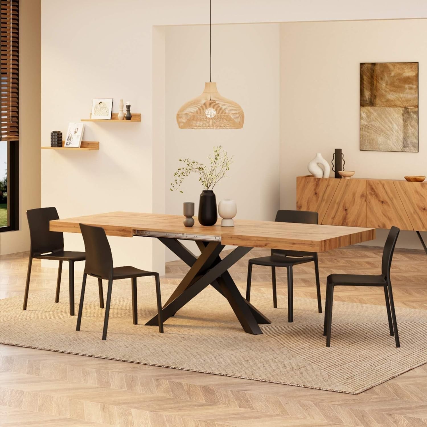 Extendable Walnut Dining Table 160–240cm w/ Rustic oak Cross Black Legs Modern