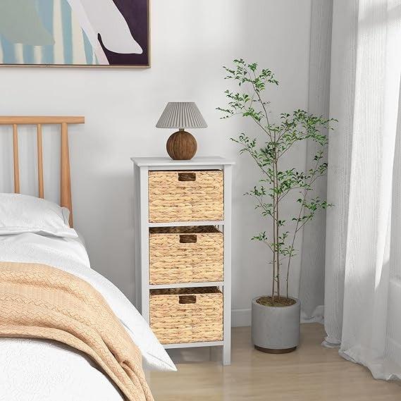 White Wooden Bedside Table with 3 Seagrass Baskets | Tall Rustic Narrow