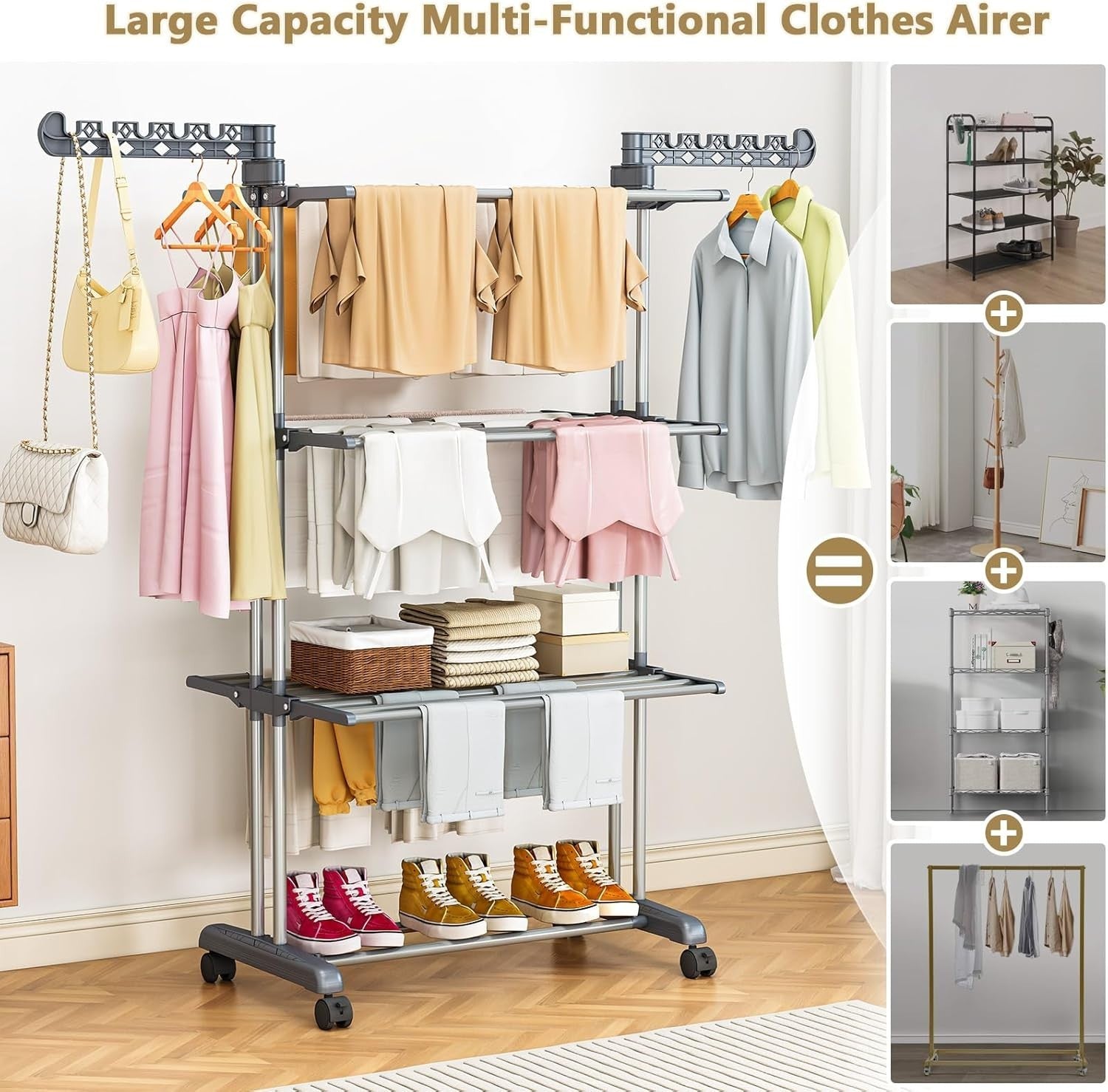 Extra Large 4-Tier Foldable Clothes Airer with Wheels – Grey