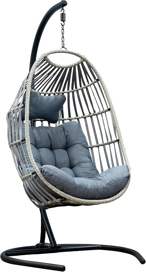 Hanging Egg Chair with Stand & Cushion – Foldable Rattan, Indoor Outdoor
