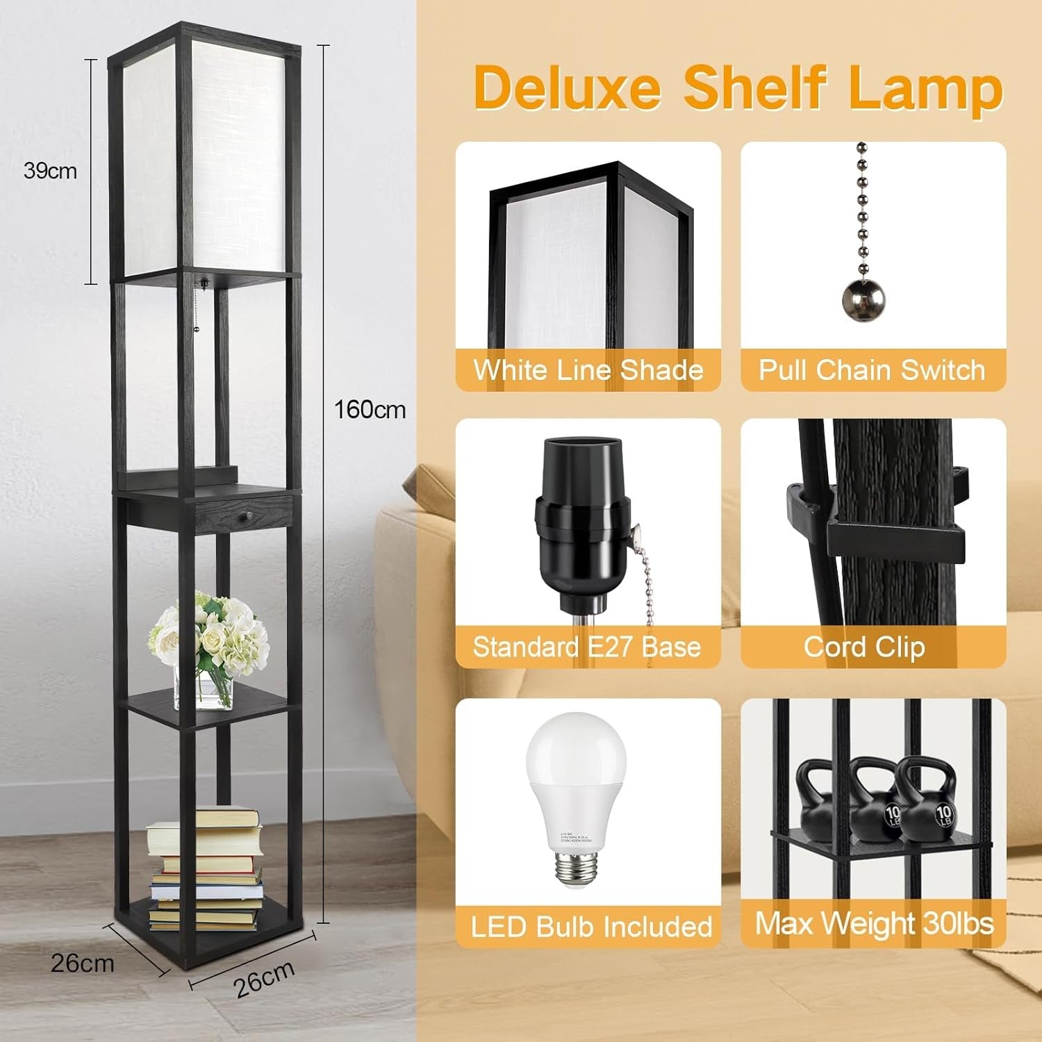 Floor Lamp with Shelves Drawer USB C LED Wooden Standing Storage