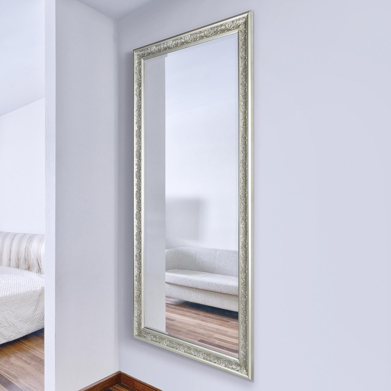 Large Antique Silver Full Length Wall Mirror 160x73cm Bevelled Glass
