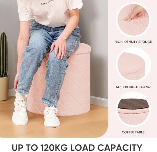 Pink Round Storage Ottoman Footstool 3-in-1 Seat with Lid 43x43x45cm