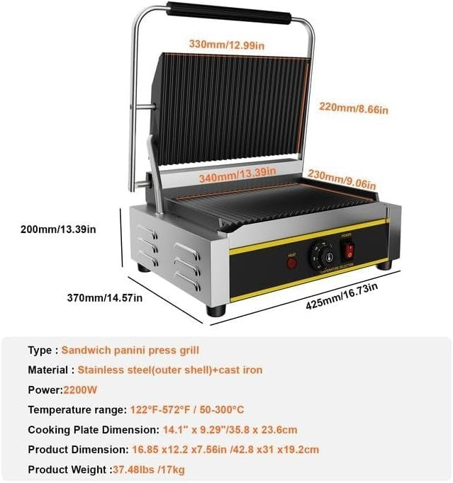 Commercial Panini Press 42.8x31x19.2cm Cast Iron Grill Sandwich Maker 2200W