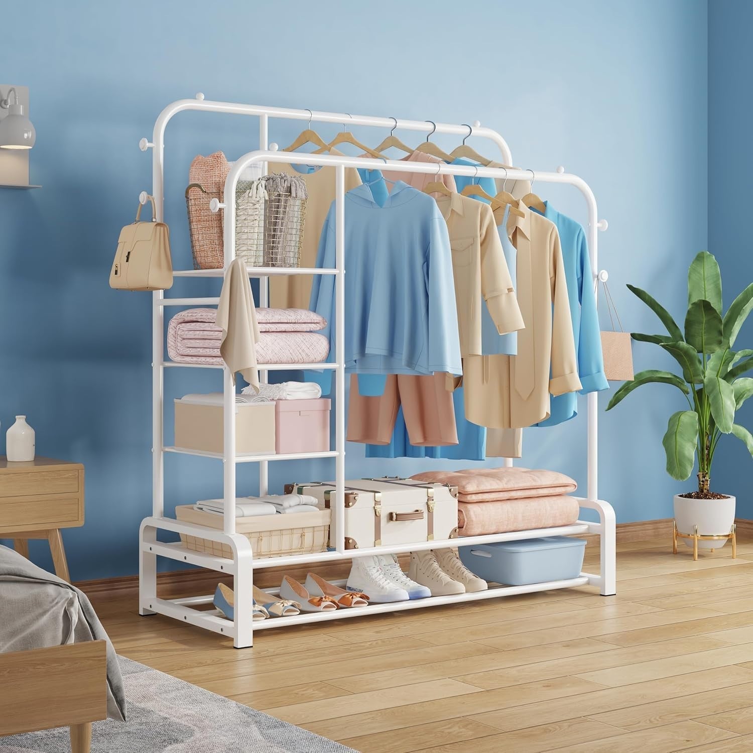 Heavy Duty Clothes Rail with Shelves & Hooks – White 110×145cm
