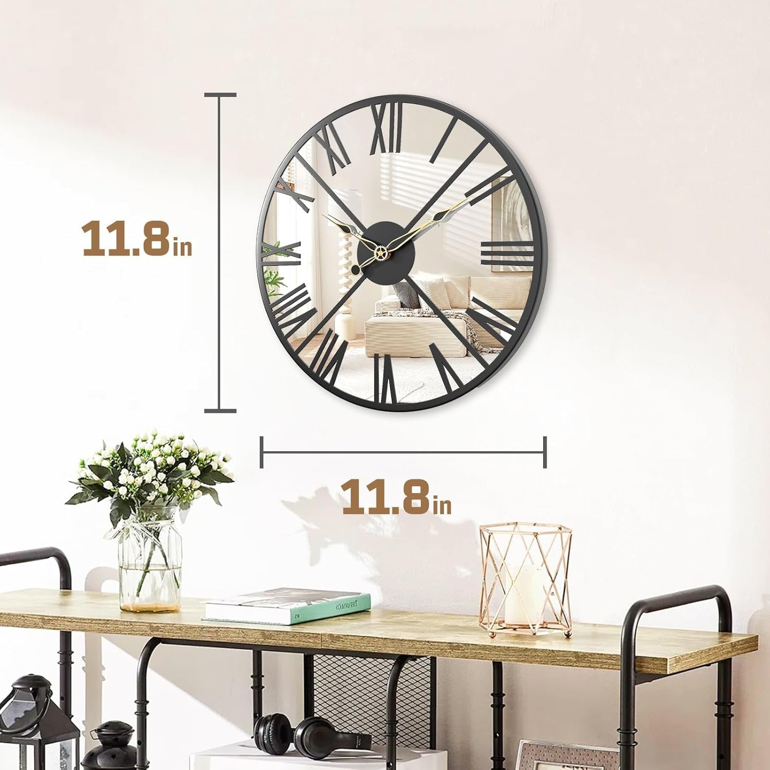 30cm Mirrored Wall Clock – Silent Roman Numeral Metal Frame Modern Design