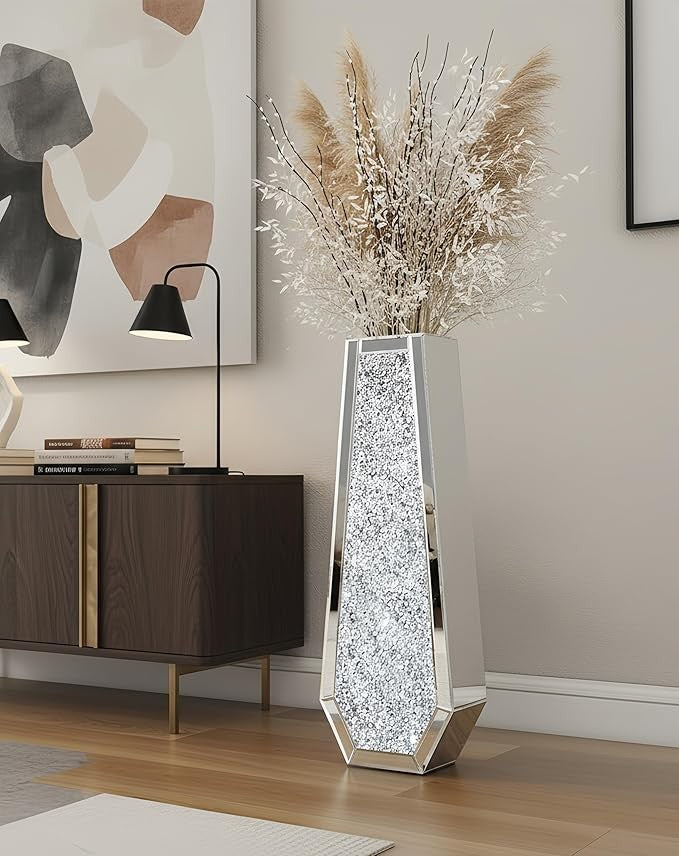 Tall Mirrored Floor Vase 68cm Silver Crushed Diamond Pampas Decor