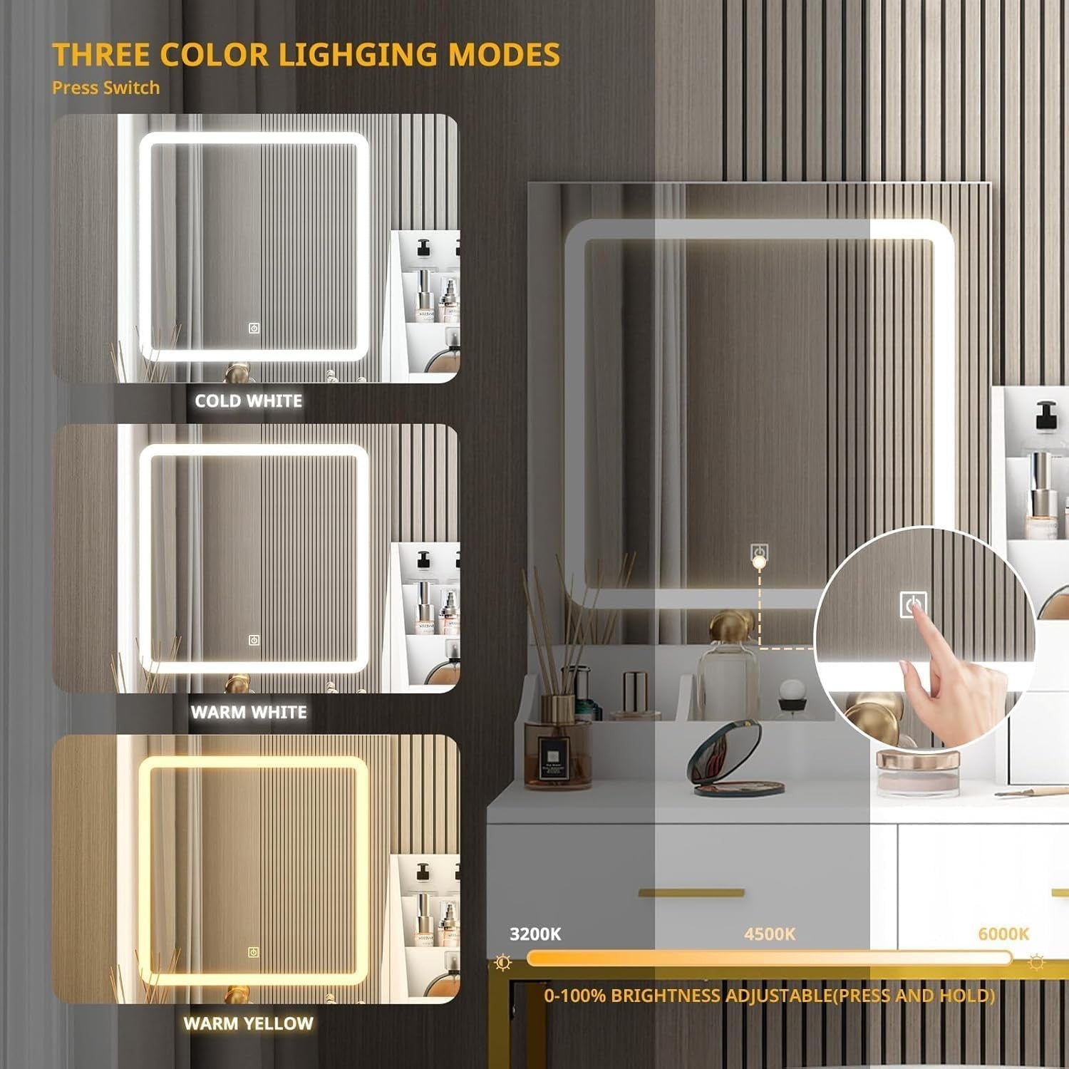Vanity Makeup Dressing Table with LED Mirror 3-Color Light & Storage White/Gold