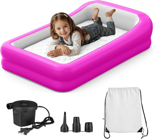 Portable Toddler Air Mattress with Safety Bumpers & Pump – 63"x39"x12" Pink