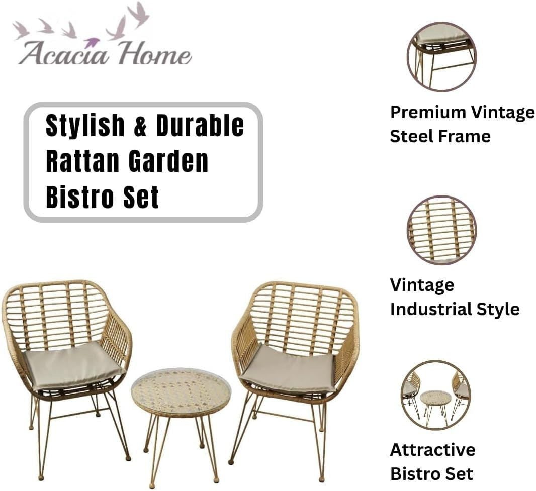 Rattan Garden Bistro Set 2 Chairs Glass Table Balcony Patio Outdoor Seating