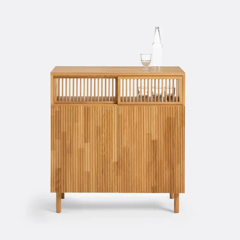 Solid Oak Home Bar Cabinet Sliding Doors Drinks Storage Unit 90x95x47 cm